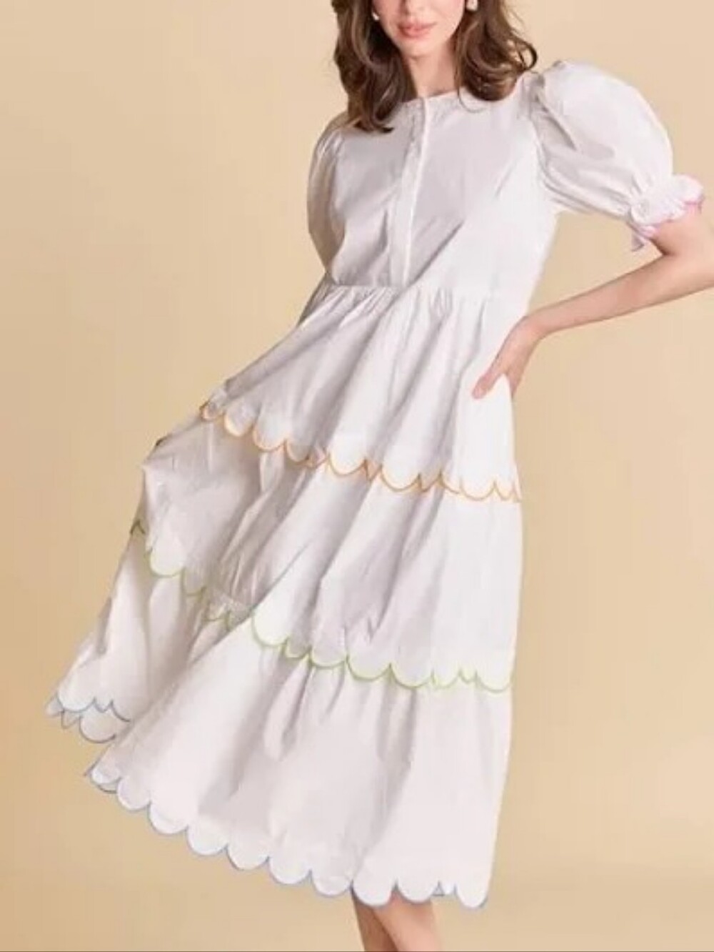 English Contrast Factory Scallopped Edge Midi Dress White Trimmed Pockets Nwt